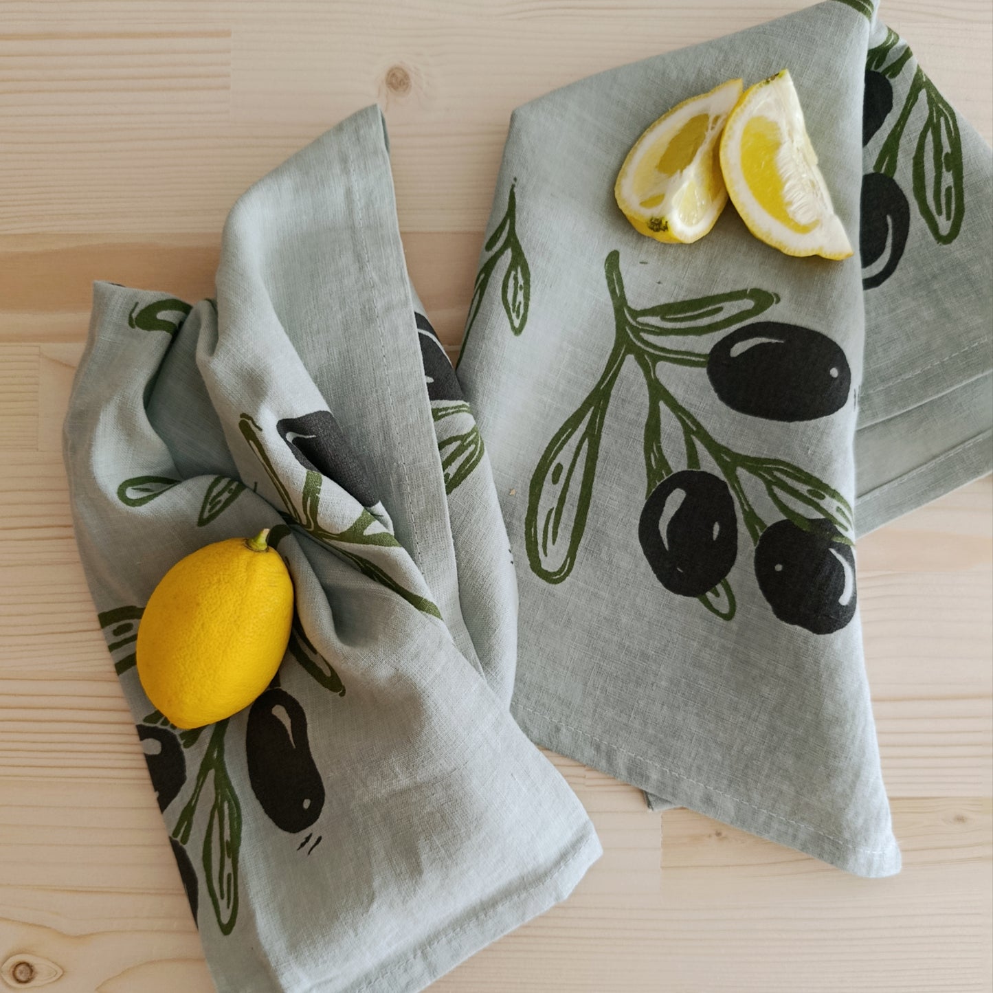 Linen Tea Towel with Olive Branch Print