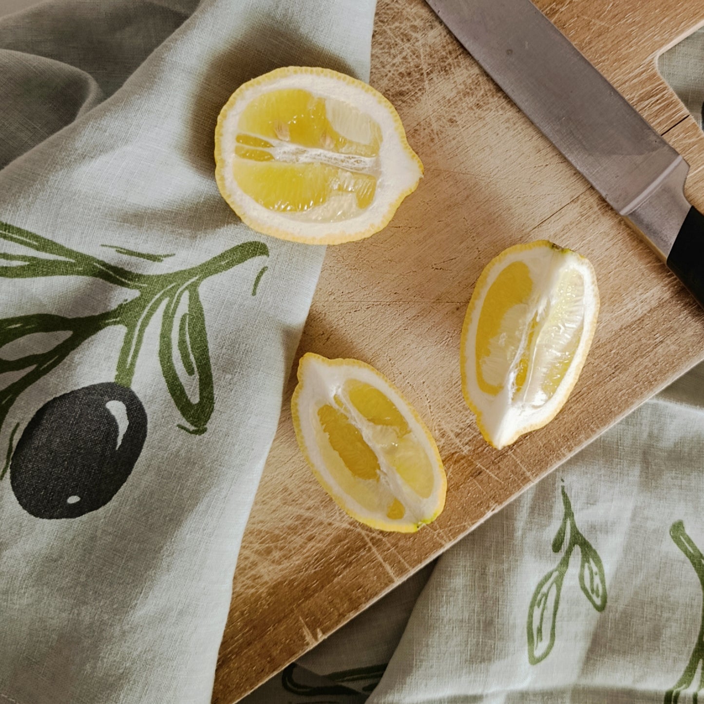 Linen Tea Towel with Olive Branch Print