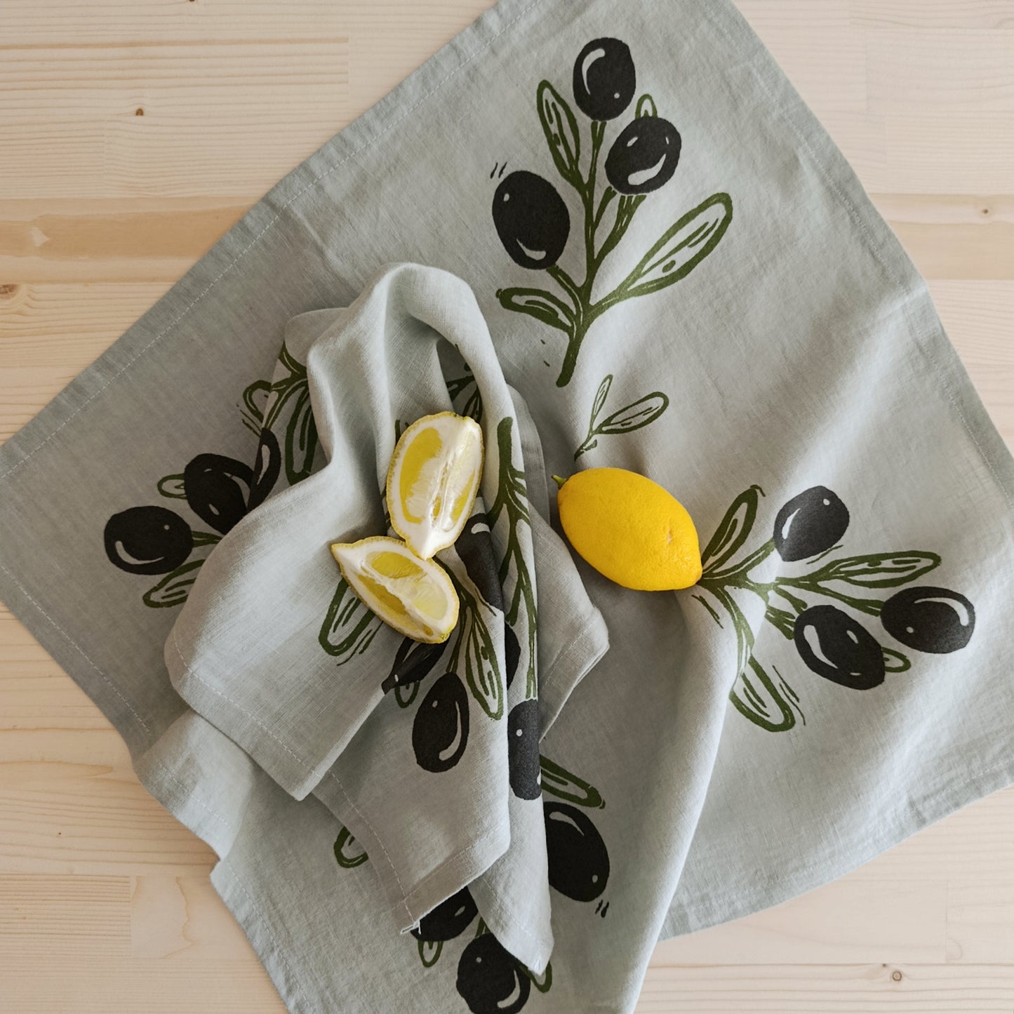 Linen Tea Towel with Olive Branch Print