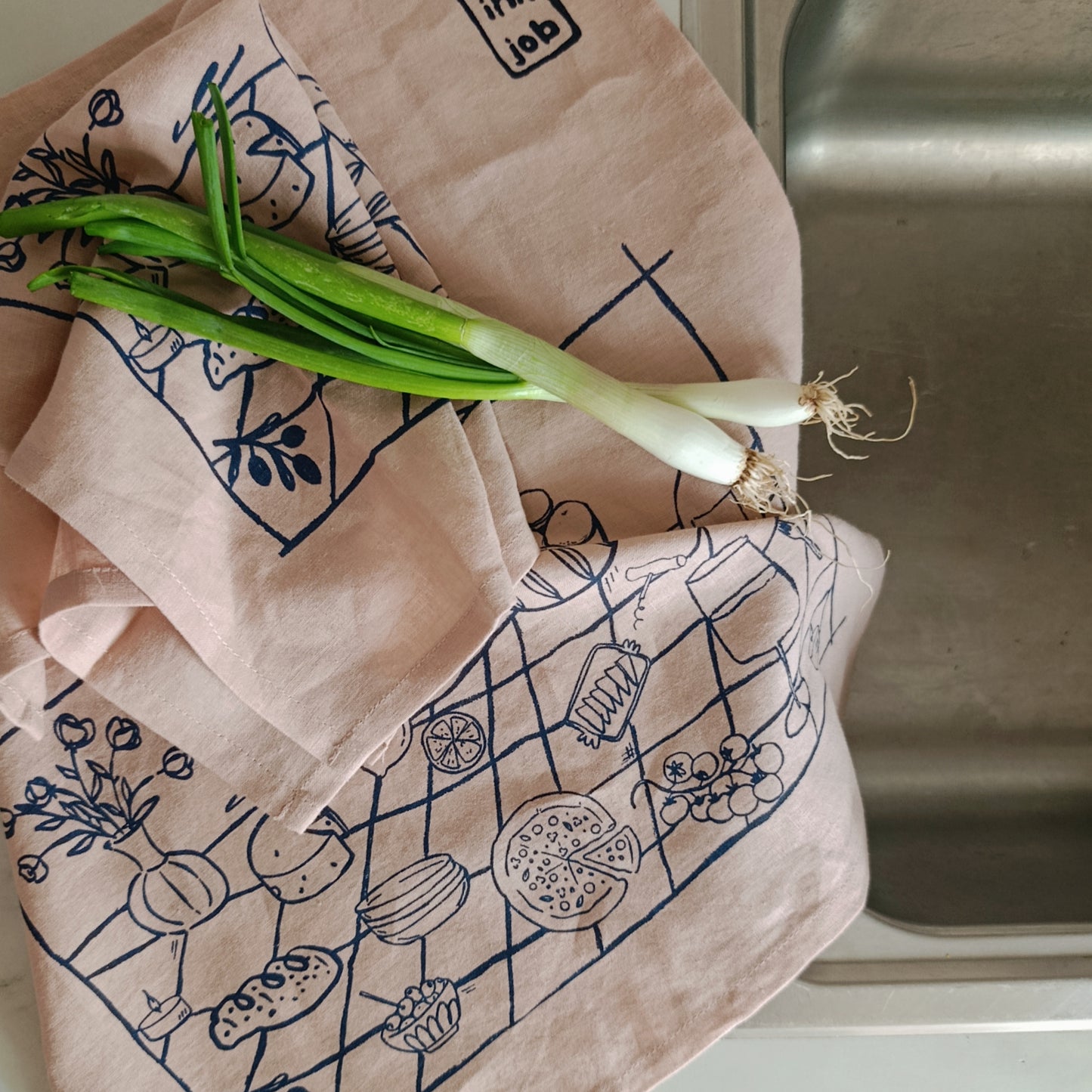 Ροζ Λινή Πετσέτα Κουζίνας με σχέδιο Πικ-νικ