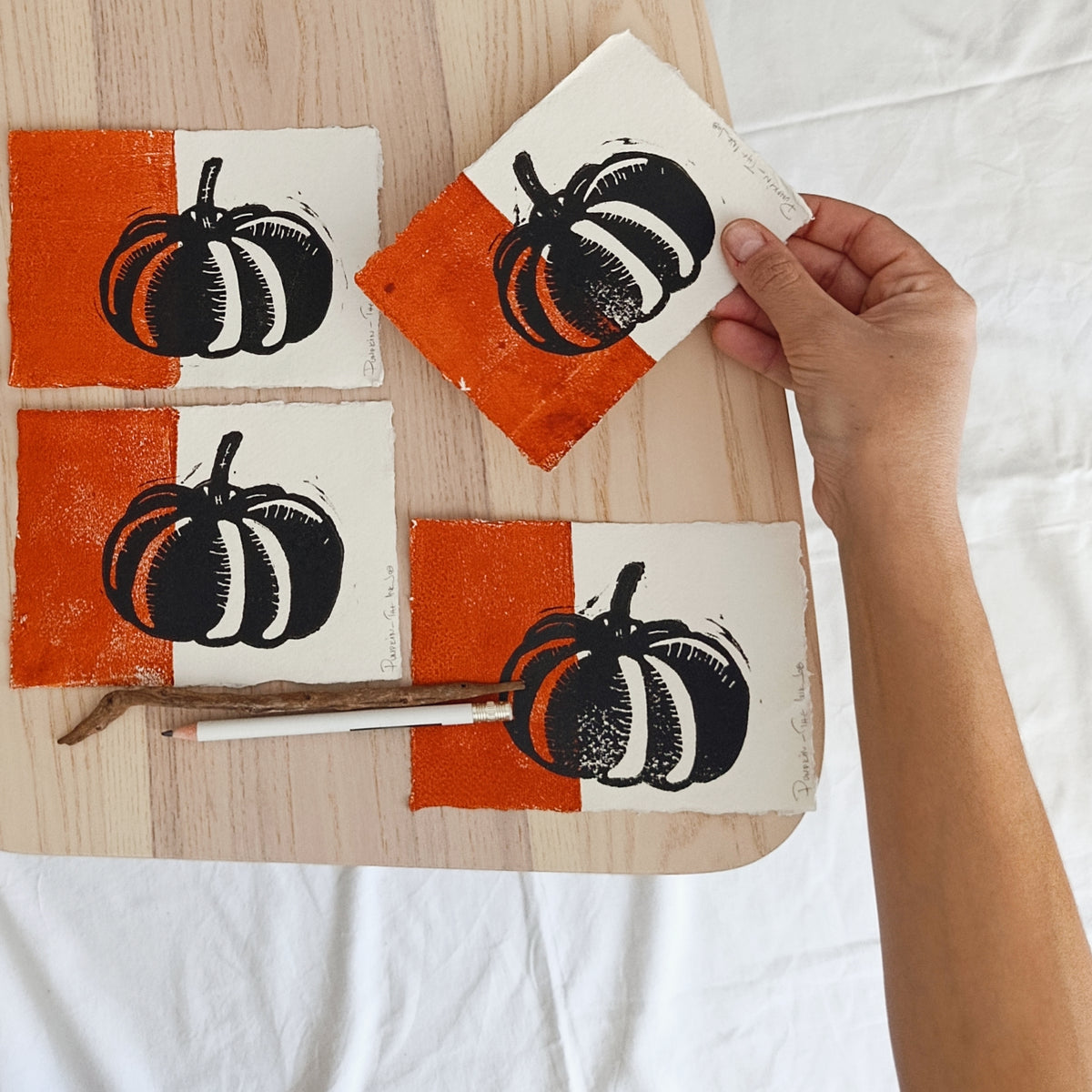 Pumpkin Linocut Art Card on Handmade Paper