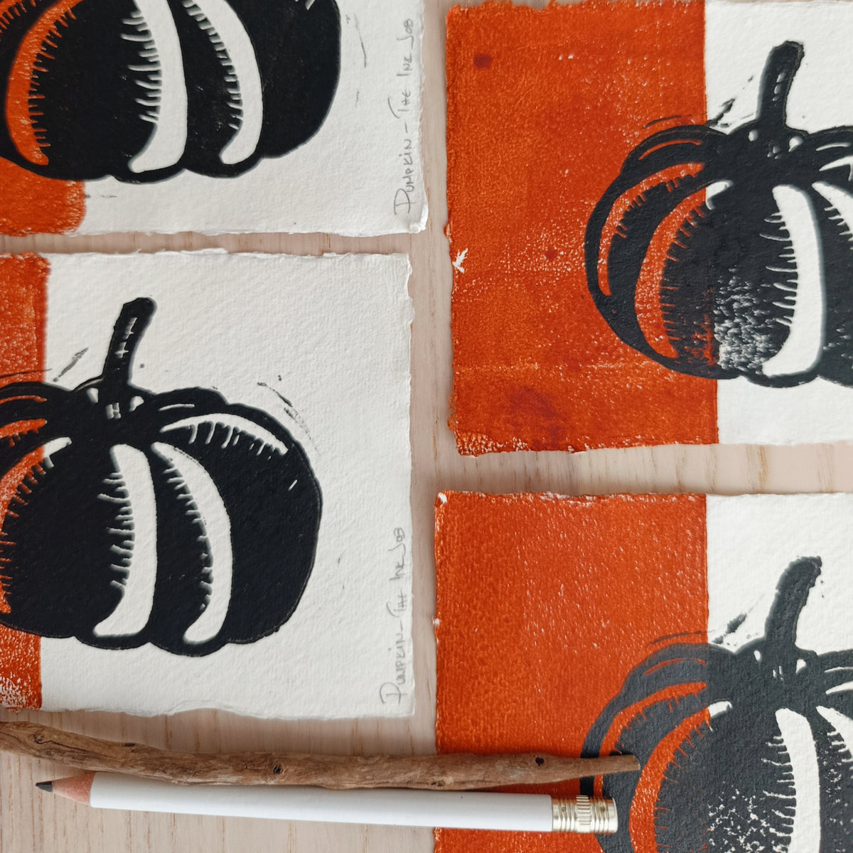 Pumpkin Linocut Art Card on Handmade Paper