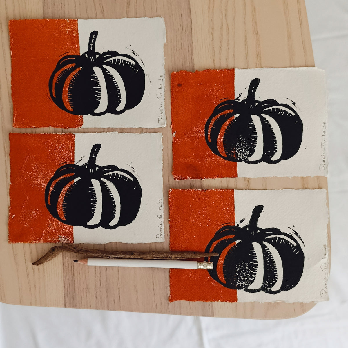 Pumpkin Linocut Art Card on Handmade Paper