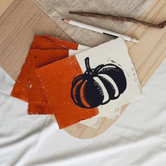 Pumpkin Linocut Art Card on Handmade Paper