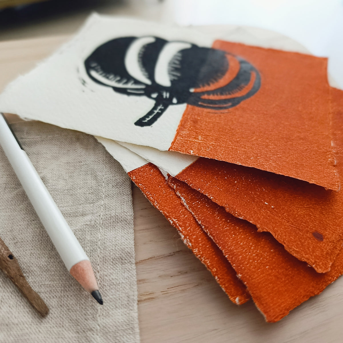 Pumpkin Linocut Art Card on Handmade Paper