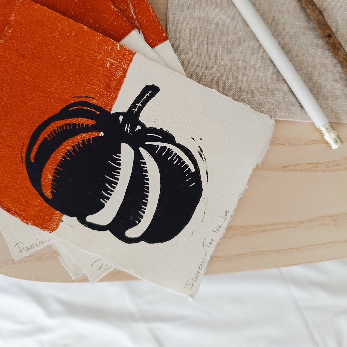 Pumpkin Linocut Art Card on Handmade Paper