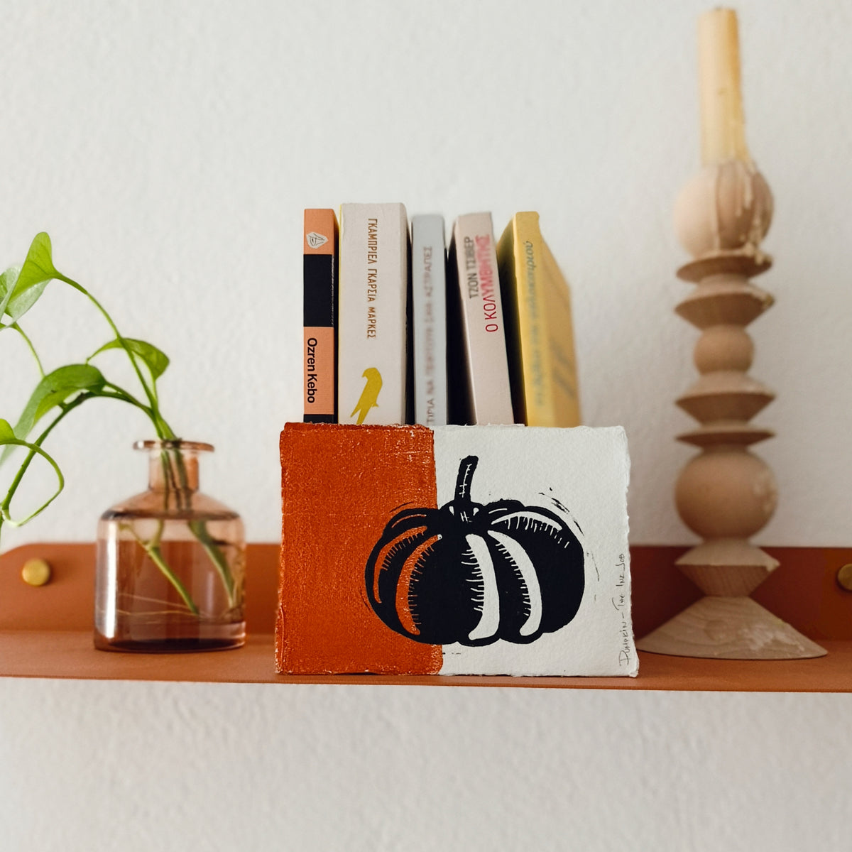 Pumpkin Linocut Art Card on Handmade Paper