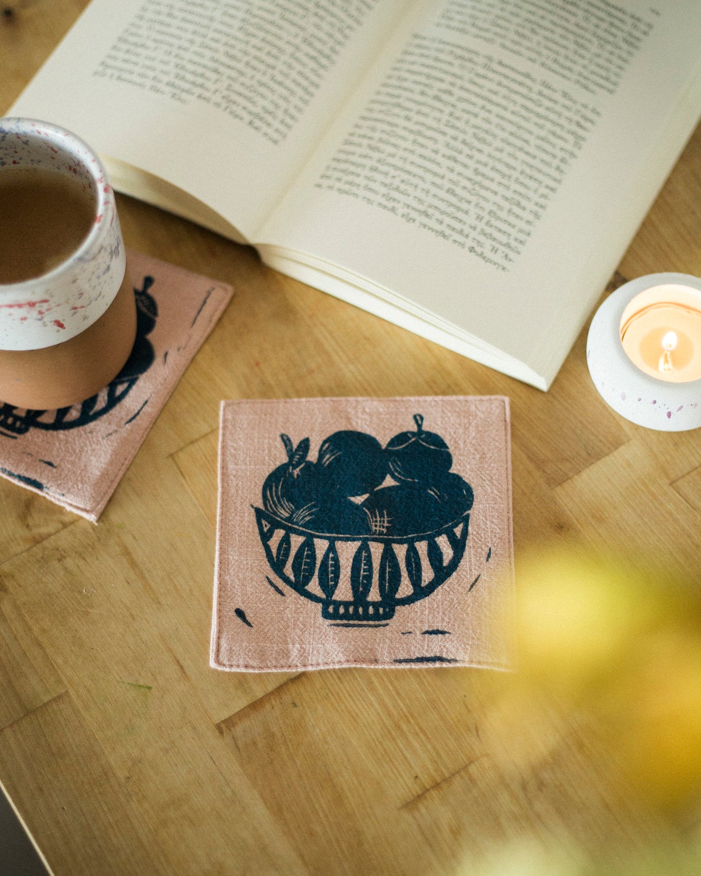 Handmade Linen Coasters Set with Fruit Bowl
