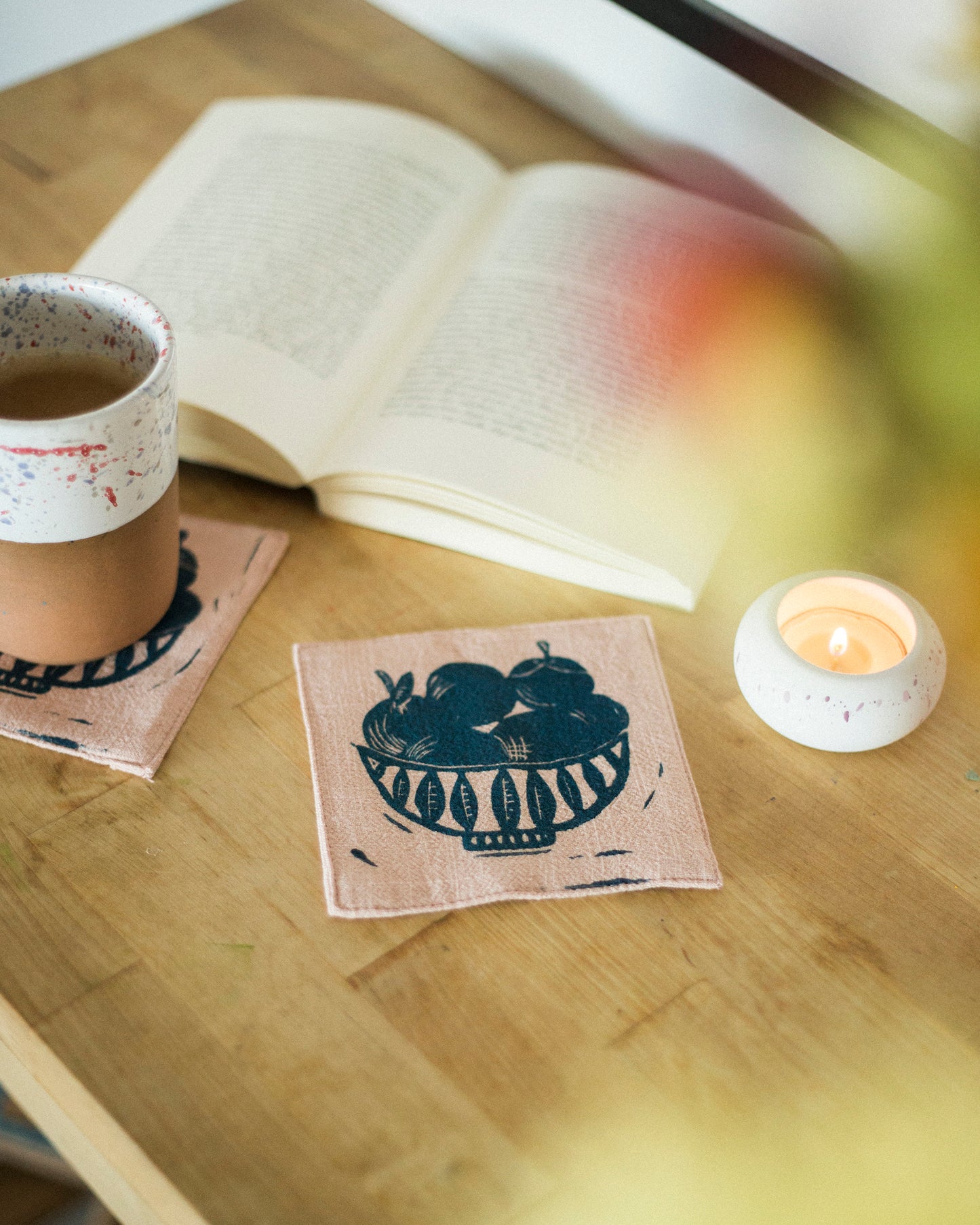 Handmade Linen Coasters Set with Fruit Bowl