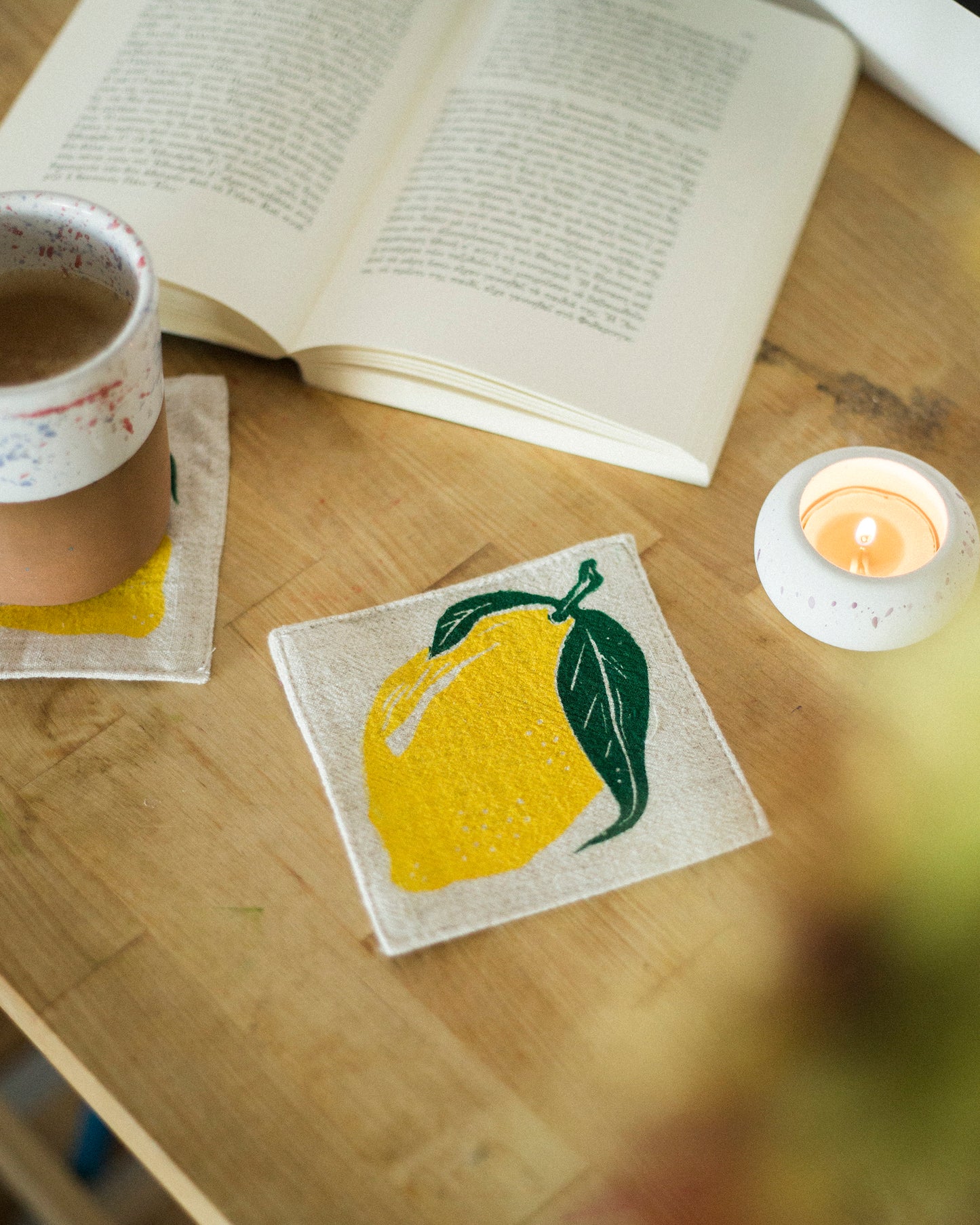 Block Printed Lemon Linen Coasters
