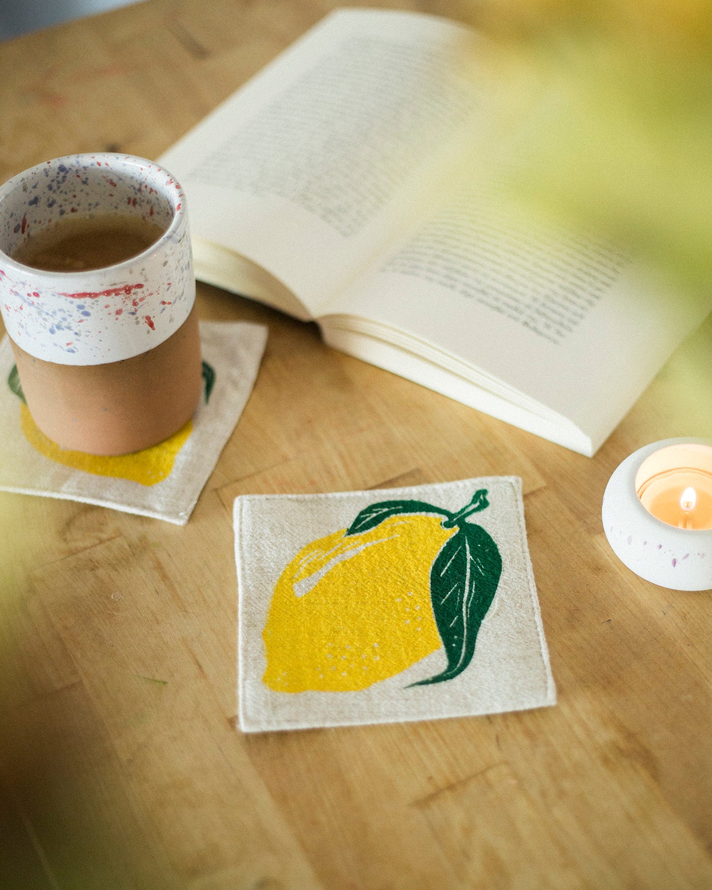 Block Printed Lemon Linen Coasters