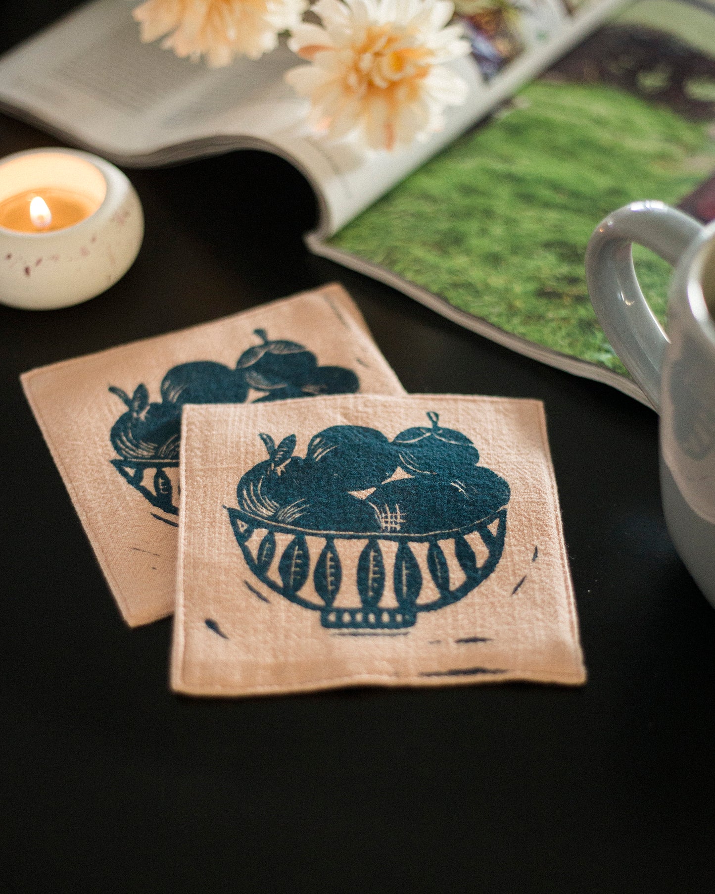 Handmade Linen Coasters Set with Fruit Bowl