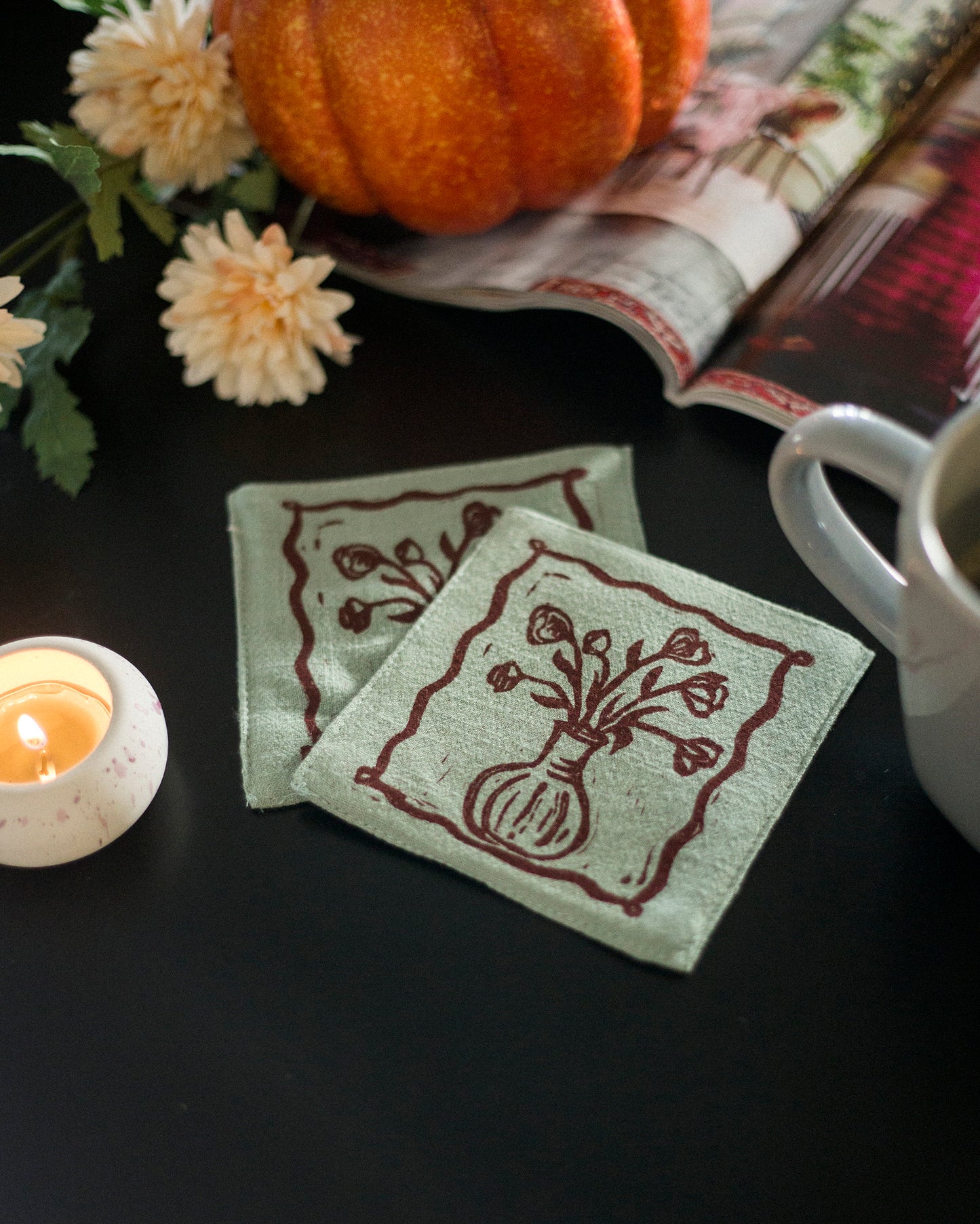 Nostalgic Flower Print Linen Coasters